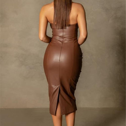 Women Sexy Strapless Tube Top Club Midi Dress off Shoulder Bodycon Party Faux Leather Dress