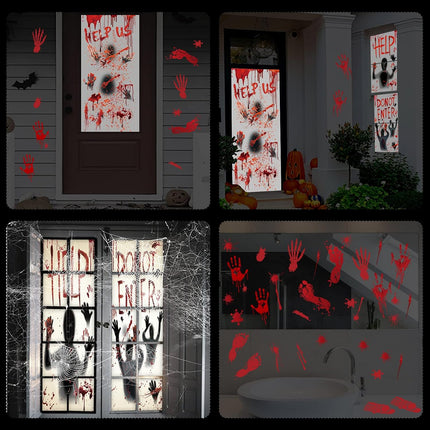 7Pcs Halloween Window Door Decoration Covers Set, Includes 2Pcs Halloween Window Clings, 1Pcs Halloween Giant Door Poster, 4Pcs Bloody Handprint Footprint Stickers for Halloween Party Indoor Outdoor