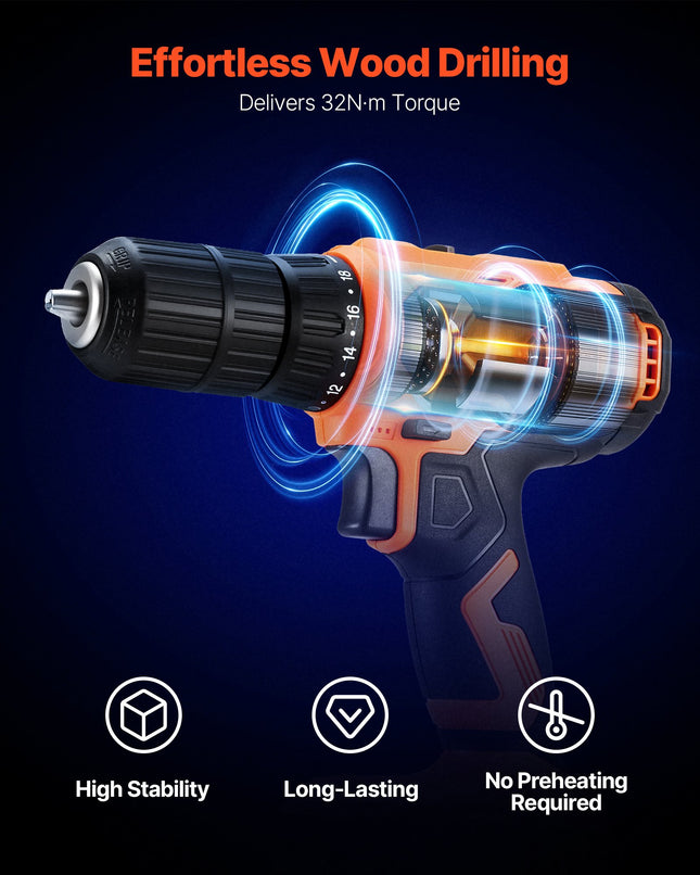 Cordless Drill Driver, 1/2 Inch Metal Chuck, Dual-Speed Variable, Drill Driver Kit With Lithium Battery And Charger, Belt Clip, For Wood And Metal Drilling, Screw Tightening Or Loosening