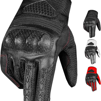 Airtrek Motorcycle Gloves Men Premium Leather Touchscreen Cruising Street Riding Tactical Ventilation Breathing Knuckle Armor Protection Palm Slider Padding