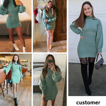 Women'S 2024 Mock Neck Ribbed Long Sleeve Bodycon Pullover Cute Mini Sweater Dress