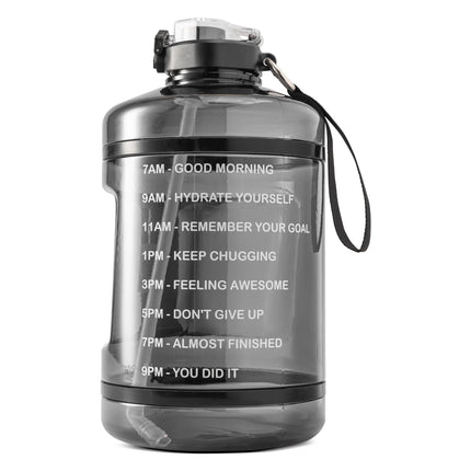 Motivational Gallon Jug Water Bottle with Handle, Push Button Lid & Straw, Neoprene Sleeve, Easy-Carry Strap, Black