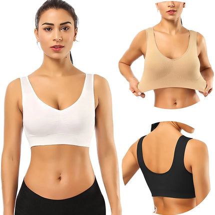 3 Pack Sports Bras for Women,Seamless Comfortable Bras Set with Removable Pads for Sleep,Pull on Closure plus Size,Black+White+Nude,Xxl