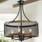 Black Drum Chandelier 4-Light Candlestick Dark Brown Farmhouse round Pendant with Open Cage Frame and Wood Accent