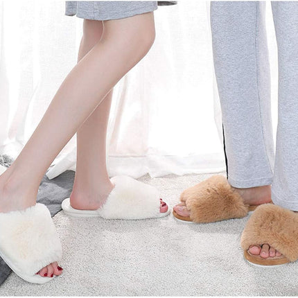 Women'S Fuzzy Fur Flat Slippers Soft Open Toe House Slippers Memory Foam Sandals Slides Home Slippers for Girls Men Indoor Outdoor