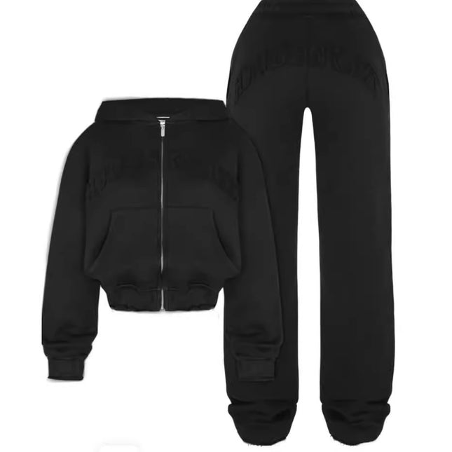 Ins Letter Sports Suit Zip-up Hooded Cropped Sweatshirt Top And Loose Drawstring Trousers Fashion Womens Clothing