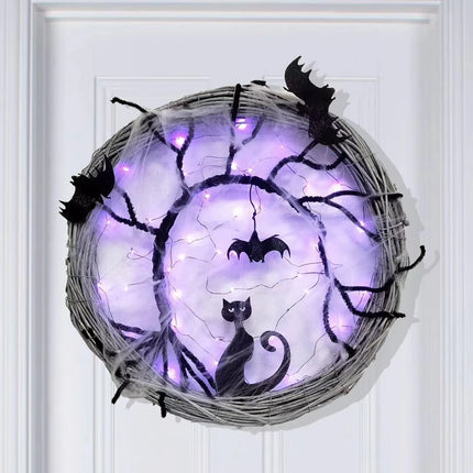 17.7Inch Lighted up Bat and Cat Halloween Wreath Decoration with Purple LED Lights,Battery Operated Horror Black Wreath Halloween Porch Decor