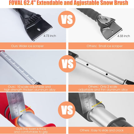 62.4" Extendable Snow Brush and Wider Ice Scraper (4.73" Width) with 360° Pivoting Brush Head, Snow Removal Tool Car Brush with Comfortable Foam Grip for Car Windshield, Trucks, Suvs