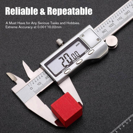 Digital Caliper 6 Inch Measuring Tool Stainless Steel Inch/Mm/Fractions, Electronic Vernier Calipers Gauge for Woodworking Jewelry, Polished Silver