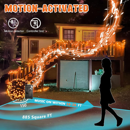 Halloween Lights Outdoor, 82 FT 200 LED Halloween String Lights with Music, Waterproof Orange Lights Plug in Motion Sensor Halloween Decorations Outdoor