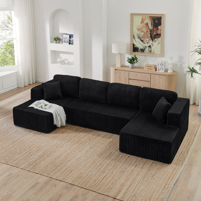 U Shape Modular Sectional Sofa, Compressed Sectional Sofa Modern Minimalist Style Corduroy Couch, Sleeper Sofa For Living Room, Bedroom, Comfy Compressed Sofa -Black