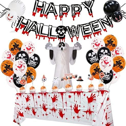 Halloween Party Decoration Set, Kids' Party Balloons Happy Halloween Banner Latex Balloons and Hanging Swirls for Halloween Bar Home Decor (Blood Wallpaper)