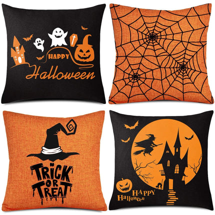 "Halloween Pillow Covers Decor,  4 Pcs 18X18 Inches Fall Pillow Covers Orange and Black Pillow Case, Happy Halloween Linen Sofa Bed Throw Cushion"