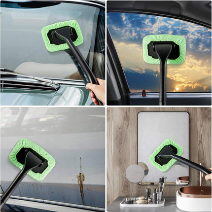 2 Pack Windshield Cleaning Tool Windshield Cleaning Wand Auto Window Cleaner with Detachable Handle, 8 Pieces Reusable Cloth Pads and 2 Pieces Spray Bottles for Car Interior (Green)