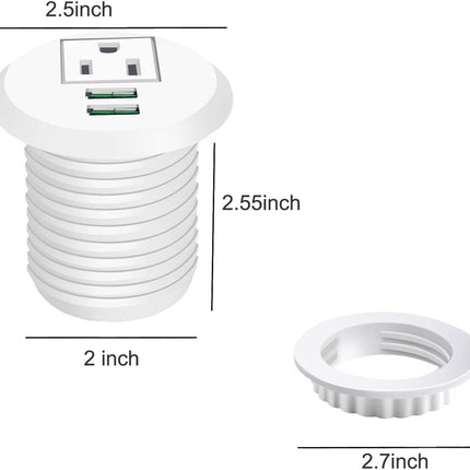 Desktop Power Grommet,Desk Grommet Outlet 2 Inch Hole,Power Grommet with USB, Easy Access to 1 Power Source along with 2 USB Power Port Connections(White)