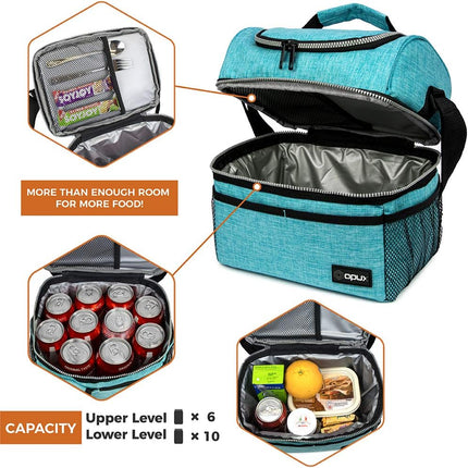 Lunch Box for Men Women, Insulated Large Lunch Bag Adult Work, Double Decker Lunchbox Meal Prep Dual Compartment Leakproof Lunch Cooler,Soft Lunch Tote Boys Girls Kids School, Aqua Turquoise 12L