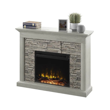 Electric Fireplace Mantel Package in Weathered Gray - Rustic Stacked Stone Surround - Heat 400 SQ FT