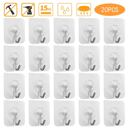 Self-Adhesive Wall Hooks Heavy Duty Reusable Hangers, Transparent 20-Pack