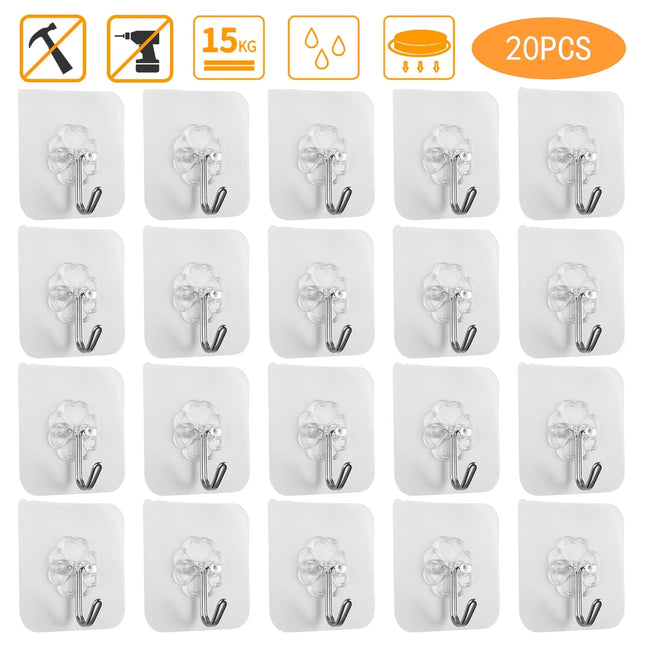 Self-Adhesive Wall Hooks Heavy Duty Reusable Hangers, Transparent 20-Pack