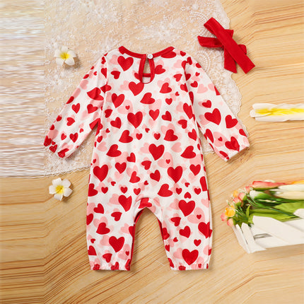 Baby Valentine's Day Romper, Heart Print Long Sleeve Bodysuit With Bow And Ruffle Trim