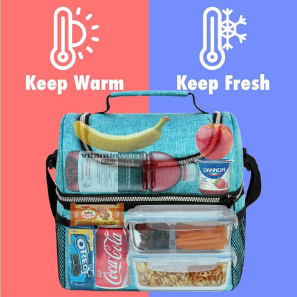 Lunch Box for Men Women, Insulated Large Lunch Bag Adult Work, Double Decker Lunchbox Meal Prep Dual Compartment Leakproof Lunch Cooler,Soft Lunch Tote Boys Girls Kids School, Aqua Turquoise 12L