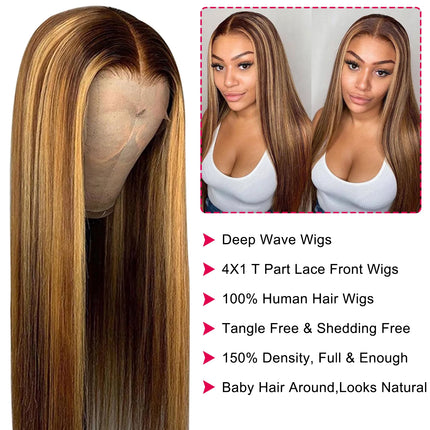 Highlight Ombre Straight Lace Front Wigs Human Hair for Black Women T Part 13X1 Glueless HD Transparent Lace Frontal Human Hair Wigs Pre Plucked 150 Density Colored P427 16Inch