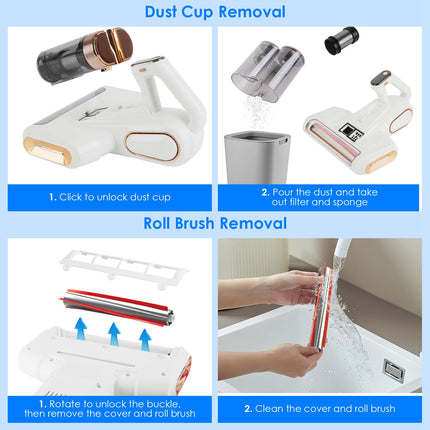 1Pc Mattress Vacuum Cleaner 16Kpa Bed Vacuum Cleaner Handheld Vacuums With Ultrasonic And UVC Light 18000 RPM Brushroll Rotation Dual Dust Bins Washable Filters For Bed Pillows Cribs Sofa