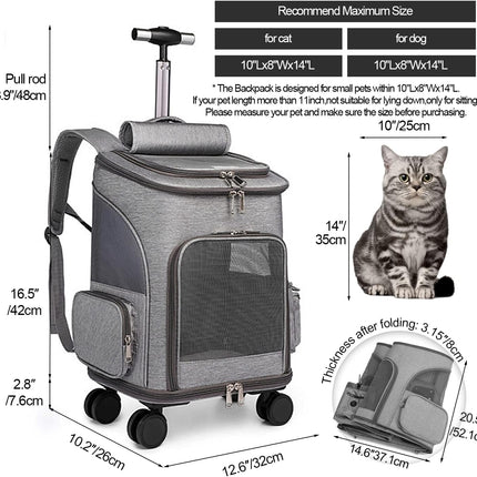 Airline Approved Pet Carrier Backpack with Wheels(Large Space),Rolling Backpack with Durable Handle and Flexible Wheels,Breathable Durable Mesh Panels(Most Airplane Approved)