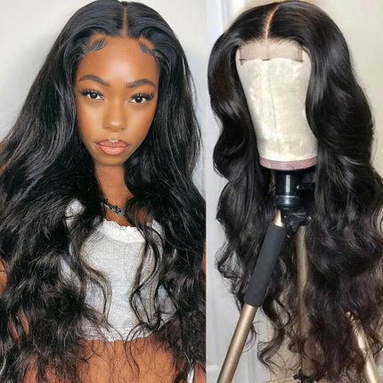 4X4 HD Transparent Body Wave Lace Front Wigs Human Hair with Baby Hair Bleached Knots Black Color 180% Density Brazilian Lace Glueless Human Hair Wigs for Black Women (26 Inch, Natural Black)