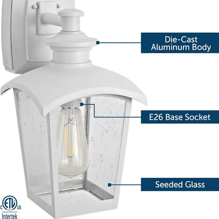 31856 Spence 1-Light Outdoor Wall Lantern with Seeded Glass and Built-In GFCI Outlet, White