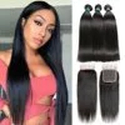 Bundles with Closure Straight Human Hair Brazilians 3 Bundles with 4X4 Lace Closure Natural Black Color 18 20 22+16