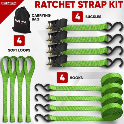 Ratchet Straps, 1650Lb Break Strength, 4 15Ft Tie down Strap Set, 4 Soft Loops, Motorcycle Straps Tie Downs, Cargo Straps for Trucks, Rubber Handles, Coated Metal Hooks, Carry Bag (Green)