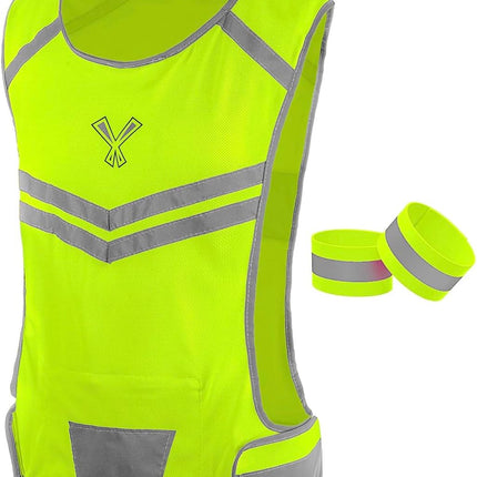 Running Reflective Vest with inside Pocket and 2 Bands, High Visibility Reflective Running Gear Safety Vest Straps for Men Women Kids for Night Running Walking Cycling