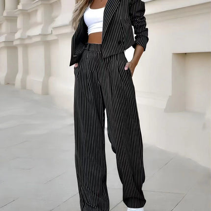 Fashion Striped Suits Casual Lapel Long Sleeve Cropped Top And Straight Pants Outfits Women's Clothing