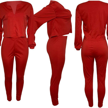 Womens Two Piece Outfits Tracksuit - Long Sleeve Zip Crop Top + Skinny Pants Sweatsuit Jogger Set