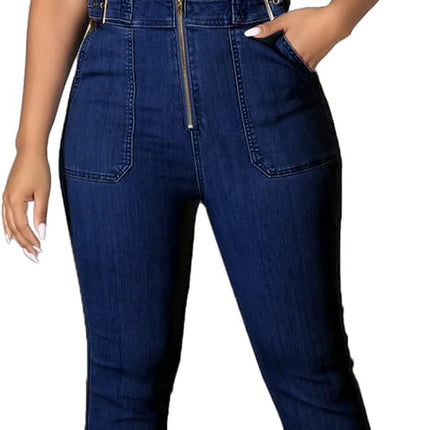 Women Elegant Jeans Jumpsuit Sexy V-Neck Clubwear Bell Bottom Denim Long Pants Jumpsuits with Zipper Pockets