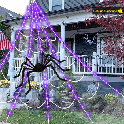 Halloween Decorations Outdoor Spiders Web Light Set, 115 Purple LED Light Decor 200” Triangular Giant Spiderweb Decorations&48" Large Spider&40G Cobweb&10 Small Spiders for Lawn Yard Party Decorations