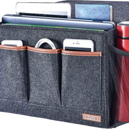 Bedside Caddy, 8 Pockets Large Size Bedside Storage Organizer Bedside Organizer Caddy for Magazine Remotes Phone (13.4'' X 18.1'' Large Size, Dark Grey)