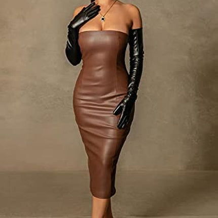 Women Sexy Strapless Tube Top Club Midi Dress off Shoulder Bodycon Party Faux Leather Dress