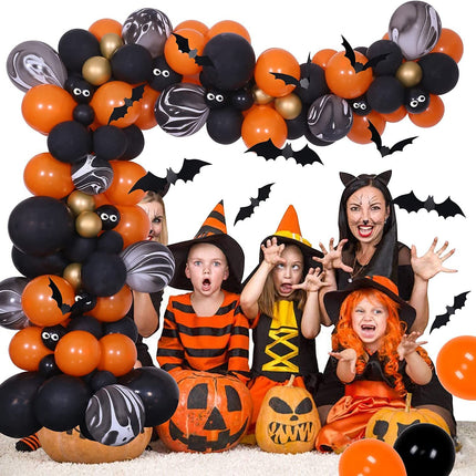 Halloween Balloons Garland Arch Kit, Halloween Party Decorations Set with Halloween Banner Orange,Black and Gold Balloons,Bats Decoration for Halloween Party Supplies