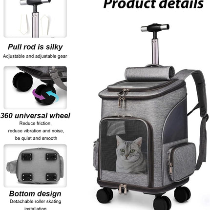 Airline Approved Pet Carrier Backpack with Wheels(Large Space),Rolling Backpack with Durable Handle and Flexible Wheels,Breathable Durable Mesh Panels(Most Airplane Approved)