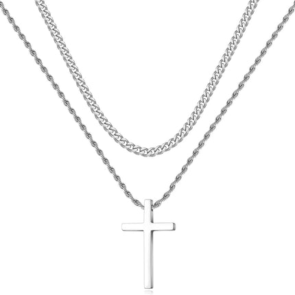 Stainless Steel Cross Necklaces for Men Layered Cuban Link Chain Rope Chain Mens Cross Necklaces Black Silver Gold Cross Pendant Necklace for Men Boys Women 16-26 Inches