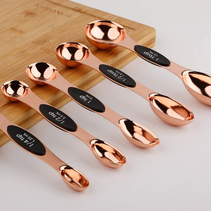 Magnetic Measuring Spoons Stainless Steel Copper Plated Rose Gold Dual Side for Dry and Liquid Ingredients Set of 5