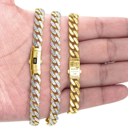 10K Yellow Gold 7.5Mm Monaco Miami Cuban Diamond Cut Pave Link Chain Necklace, Mens Jewelry Fancy Box Clasp 18" - 30"