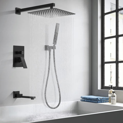 Folding Tub Shower Faucet Set, Matte Black Bathtub Faucet With12 Inch Rain Shower Head and Tub Spout for Bathroom