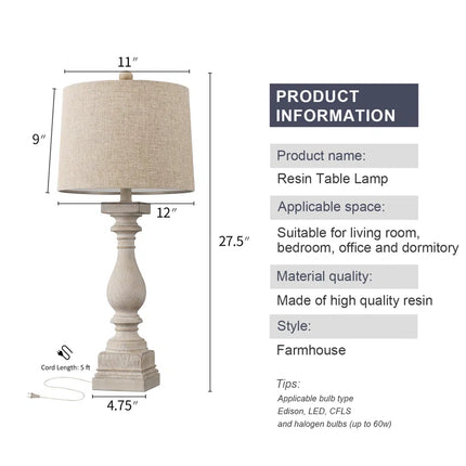 Analisia 27.5" Traditional Table Lamp with USB Resin Lamp for Bedroom Living Room Study Room