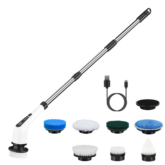 1Pc Electric Spin Scrubber Cordless Rechargeable Telescopic Cleaning Brush 8 Replaceable Heads 2 Speed Adjustable Extension Arm Bathroom Tub Tile Floor