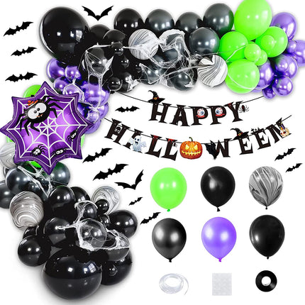 Halloween Balloon Garland, Halloween Balloon Arch Kit with Black Purple Halloween Balloons, Spider Halloween Foil Balloons, Happy Halloween Banner for Halloween Party Decorations