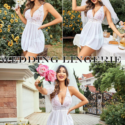 Women Lingerie Lace Babydoll Strap Chemise Halter Teddy V Neck Mesh Nightgown