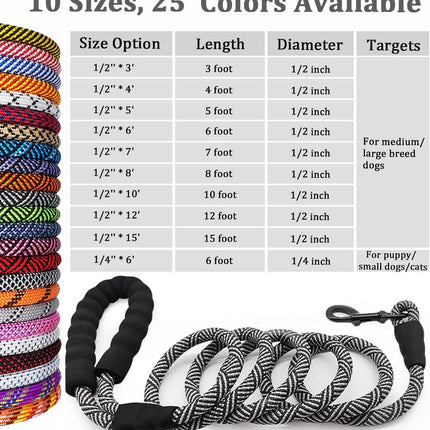 Heavy Duty Rope Dog Leash, 3/4/5/6/7/8/10/12/15 FT Nylon Pet Leash, Soft Padded Handle Thick Lead Leash for Large Medium Dogs Small Puppy